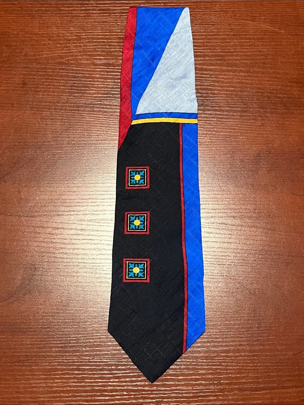 Italian Silk Men's Black Geometric Pattern Tie with Blue & Red Accents